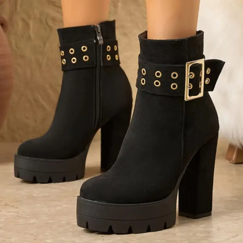 

Коричневые женские ботильоны на платформе, осенне-зимние мотоциклетные ботинки, 2026, вечерние туфли на высоком каблуке с пряжкой