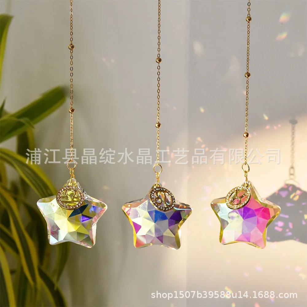 

12 Constellation Star Crystal Suncatcher Hanging Ornament, Rainbow Prism Star Moon Window Sun Catcher Pendant for Garden & Home