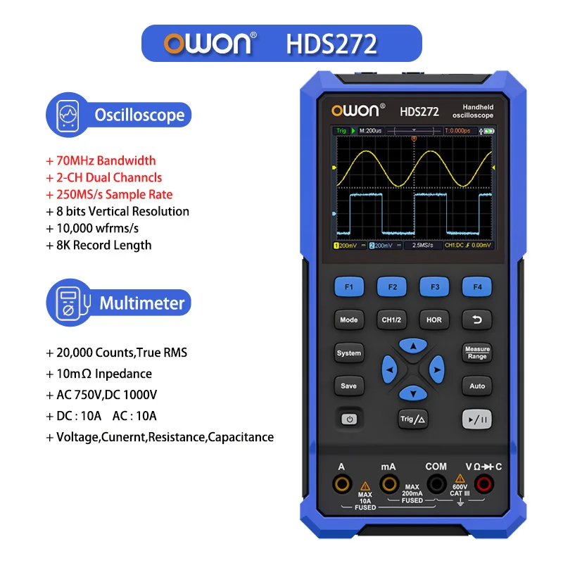 OWON HDS242/HDS272/HDS2102/HDS2202 Multifunctionele draagbare digitale oscilloscoop 100 MHz 500 MSa/s 2 kanalen digitale multimeter