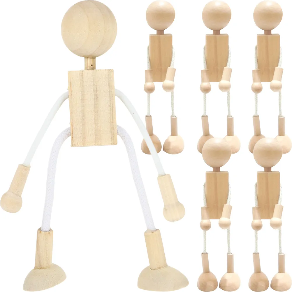 6Pcs Wooden Cartoon Figure DIY Set Natural Wood Material Unfinished Creative Small Wooden Figures for Painting Craft Decoration