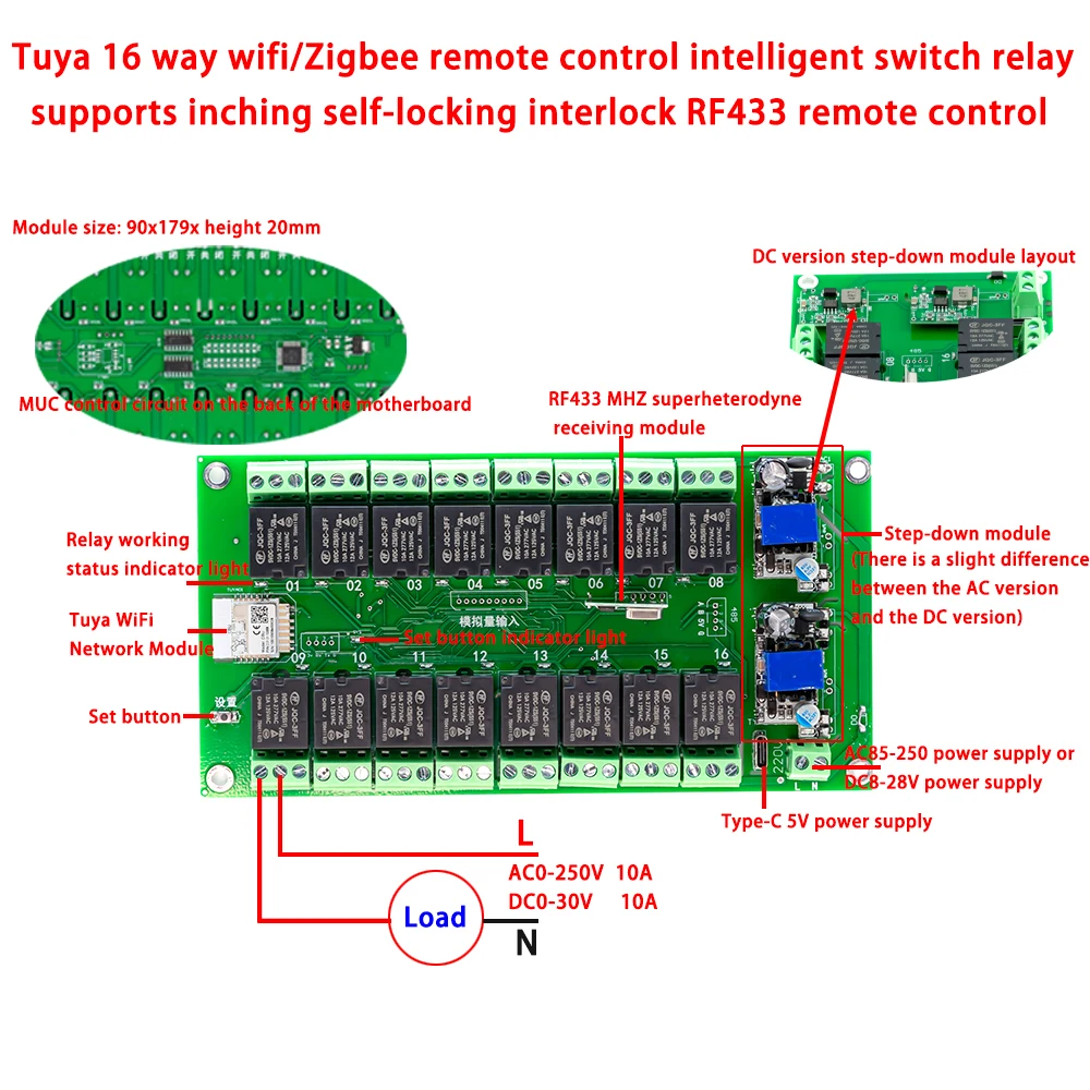 Tuya 16 채널 와이파이 지그비 릴레이 스위치 모듈, RF 433MHZ 무선 스마트 홈 원격 제어 스위치, DC 7-27V, AC 85-250V