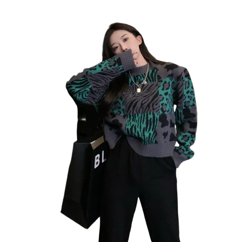 Women's Top Fall and Winter New Lazy Wind Knitted Sweater European Goods Thickened Foreign Leopard Print Loose Crew Neck Sweater