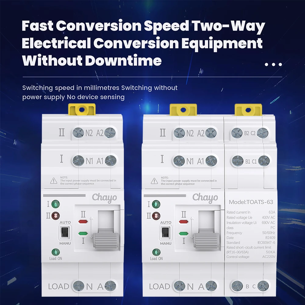 chayo Din Rail 2P 4P ATS Dual Power Automatic Transfer Switch Electrical Selector Switches Uninterrupted Power 110V 220V 63A