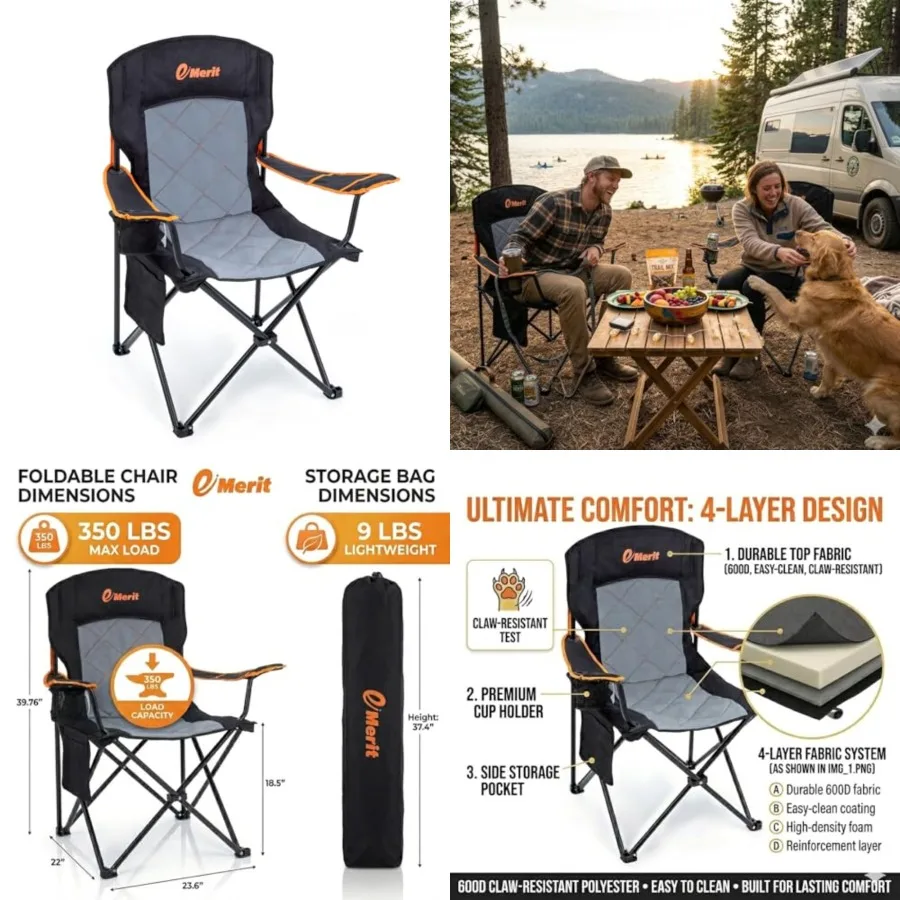 

Oversized Padded Camping Chair, 350LB Heavy Duty Quad Fold Chair with Arms, Collapsible Outdoor Chairs with Lumbar Back and Cup