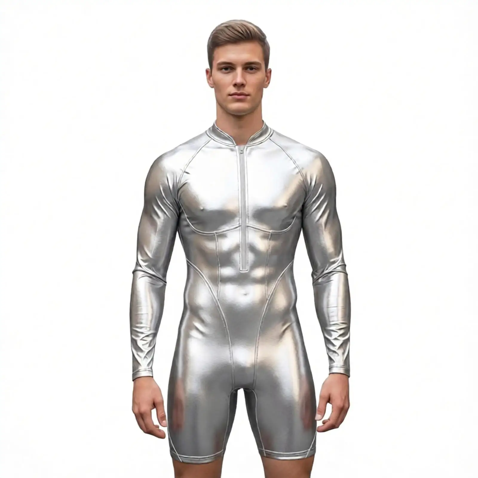 Mens Shiny Bodysuit Muscle Jumpsuit Metallic Long Sleeve One-piece Swimsuits Beach for Nightclub Jazz Dance Clubwear Bodysuit