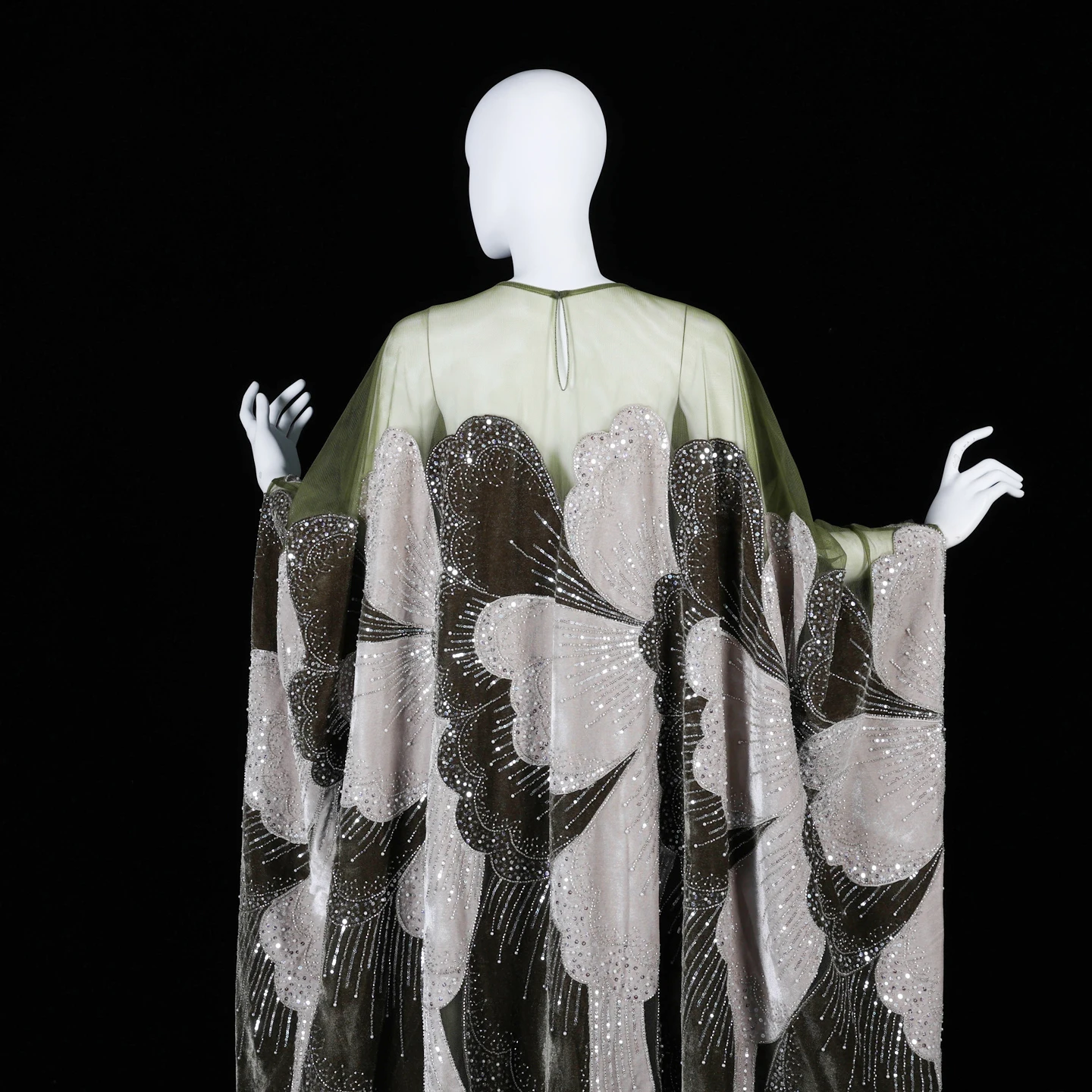Sharon Said Luxuriöses Grünes Übergroßes Kaftan-Abendkleid mit Weiten Ärmeln, Blumenmuster und Perlen, Grünes Formelles Partykleid SS669 Maßanfertigung – Detail 12