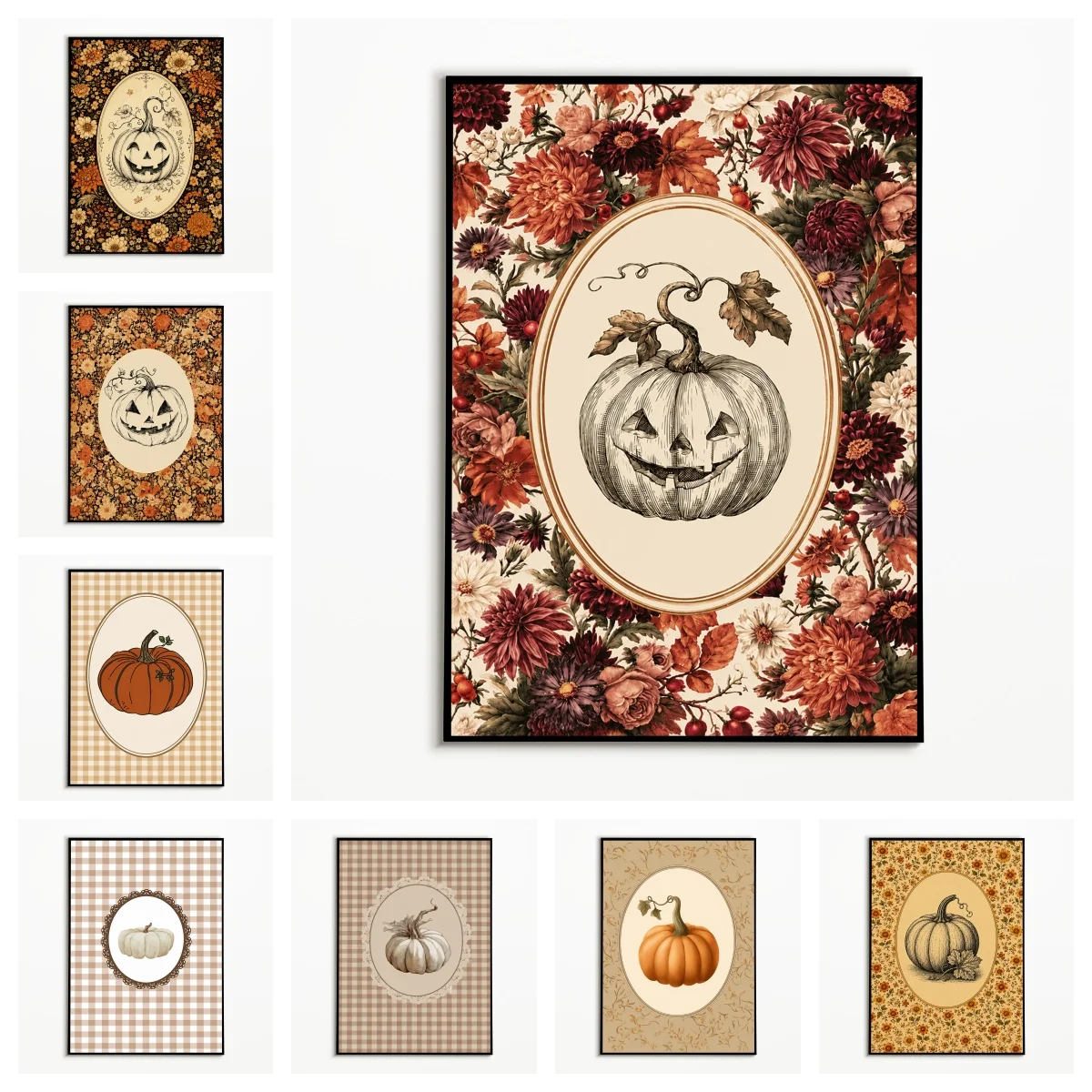 1pc frameless,1PC Vintage Floral Pumpkin Poster Autumn Halloween Wall Art Thanksgiving Harvest Canvas Printing Fall Gift Room Wa
