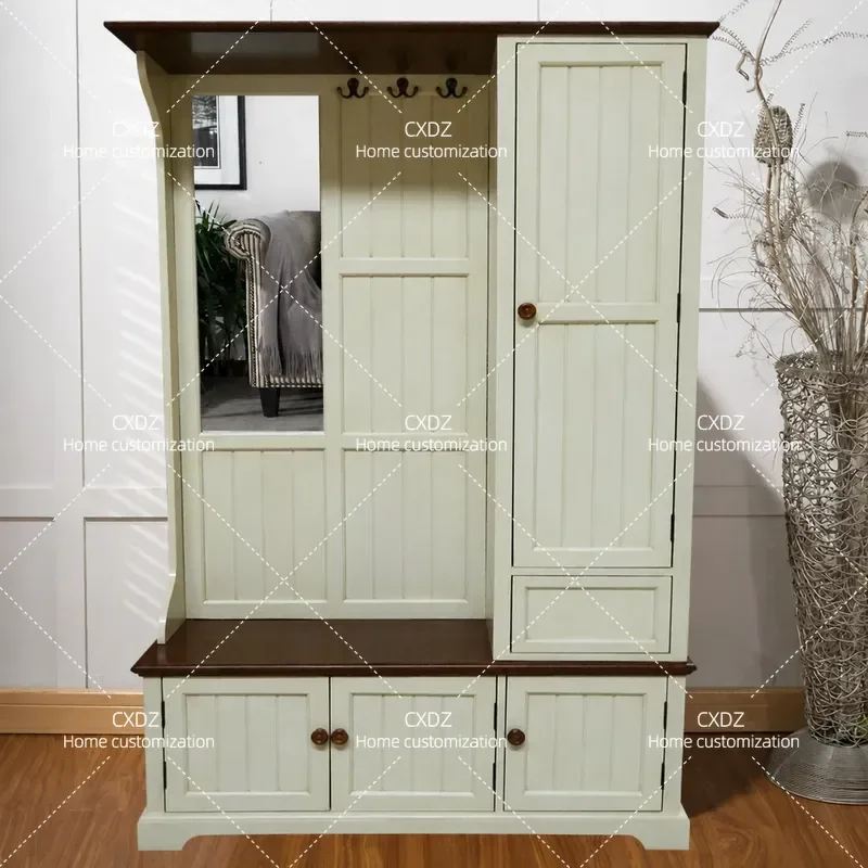 Rural Entryway Storage Cabinet with Shoe Changing Stool Retro Painted Furniture Door Coat Hanger Organizer 0076