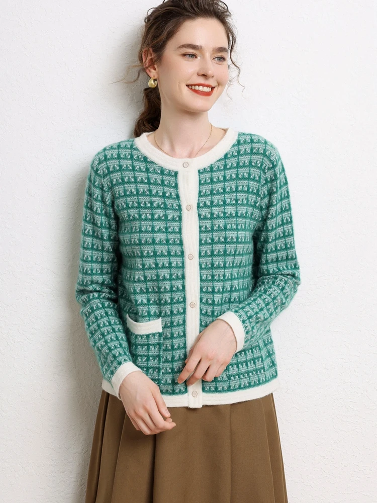 Новые шикарные женские свитера из чистого кашемира, осенне-зимний теплый клетчатый кардиган с v-образным вырезом, 100% кашемировый трикотаж, топы в винтажном стиле