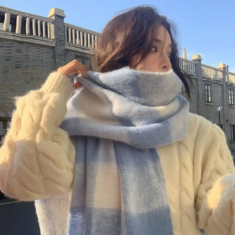 

Кремово-синий клетчатый мохеровый шарф для женщин, рождественский подарок, универсальный клетчатый шарф для мужчин