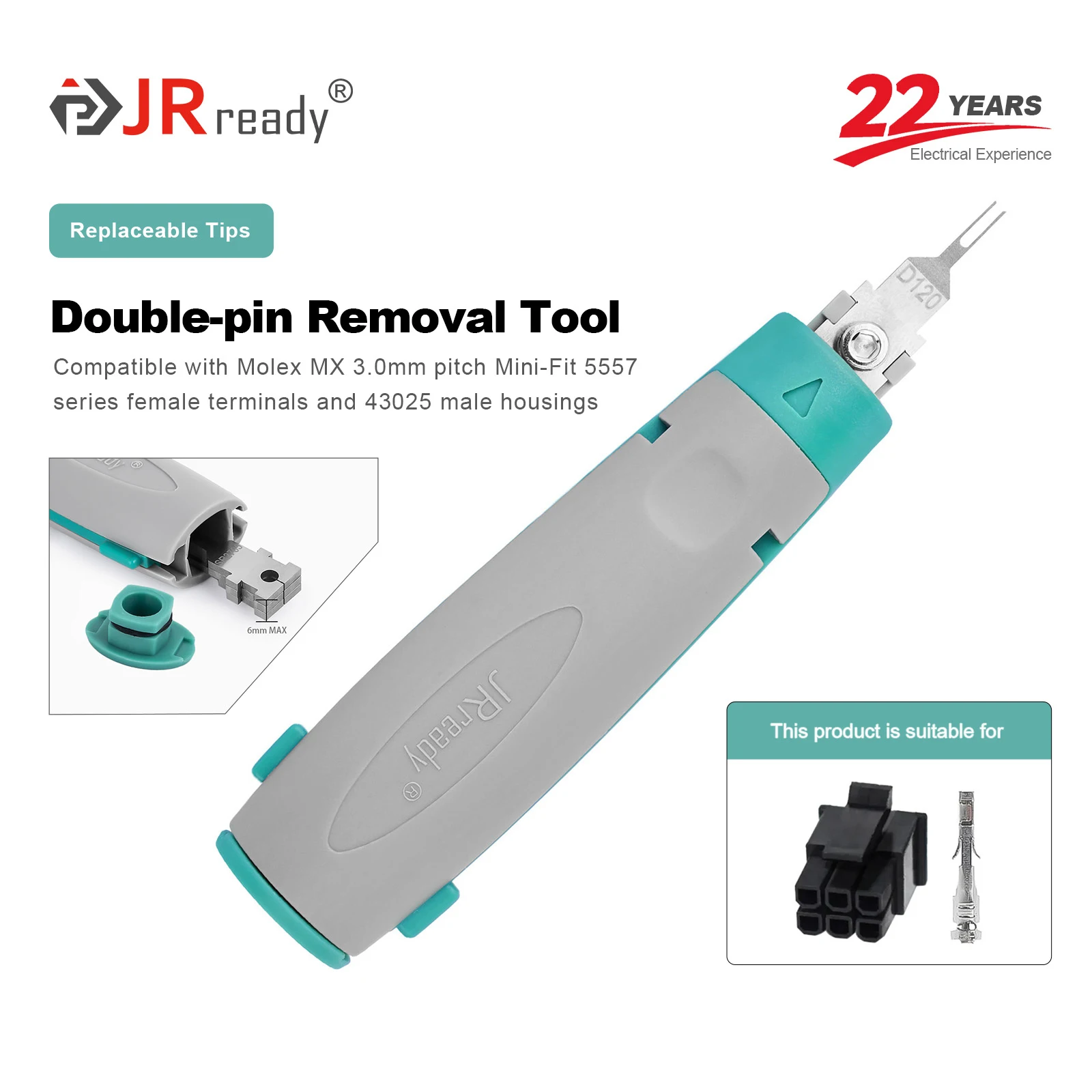 JRready JRconDRK-D120 Doppelstift-Extraktionswerkzeug für Molex MX3.0mm Pitch Small 5557 Serie Buchsenanschluss 43025 Steckergehäuse