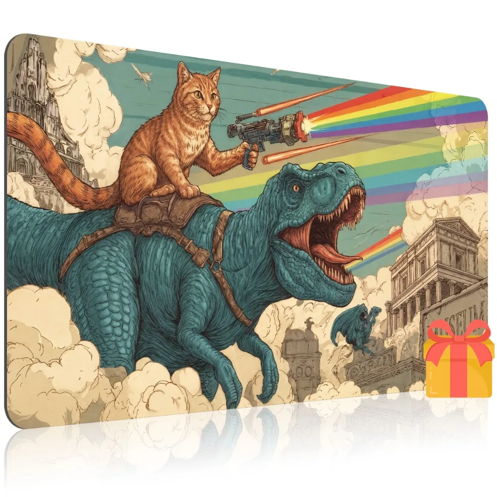 CIFbuy Mouse Pad Large Gaming Desk Mat Non-Slip Rubber Base Waterproof Office Computer Accessories Cat Riding Dinosaur Pattern