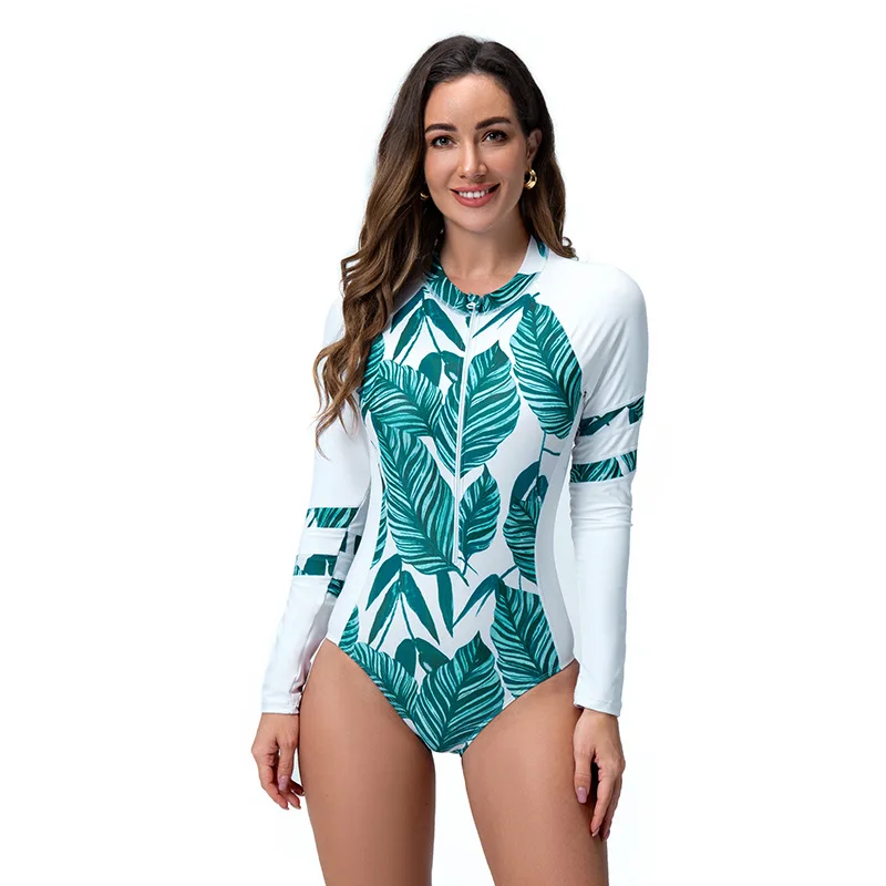 

Nadanbao Sexy Bodysuit Green Floral Printing Swimsuit Women Swimwear Female Zipper Long Sleeve Triangle Bikini Surfing Wetsuit