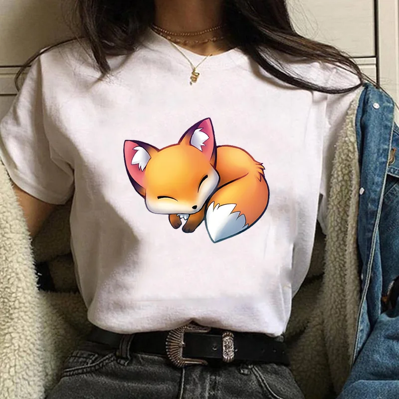 Cute Fox Pattern Printed T-Shirt Women's Casual Fox Harajuku T-Shirt Tops Cute Animal Short Sleeve Shirt