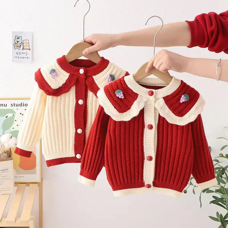 Girls Knitted Cardigan Sweater 2024 New Korean Version Outerwear Top Children\'s Baby Spring and Autumn Sweater Jacket