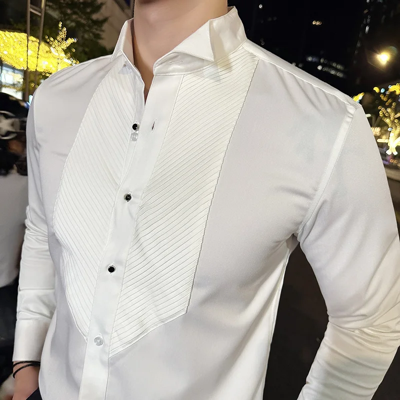 2023 Autumn Banquet Gentleman Dress French Collar Shirt Men\'s Long Sleeve Casual Business Organ Pleated Shirt Men Clothing