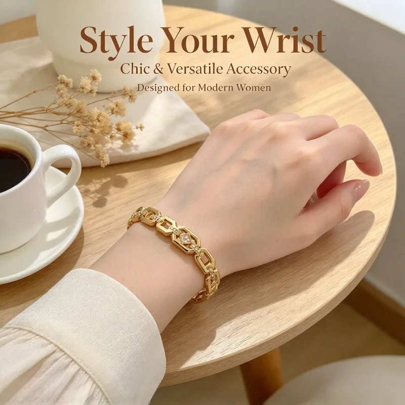 Gold Color Snap-on Zircon Block Bangle Bracelet Stainless Steel Trendy Durable Women Fashion Jewelry Gift for Her Party Daily