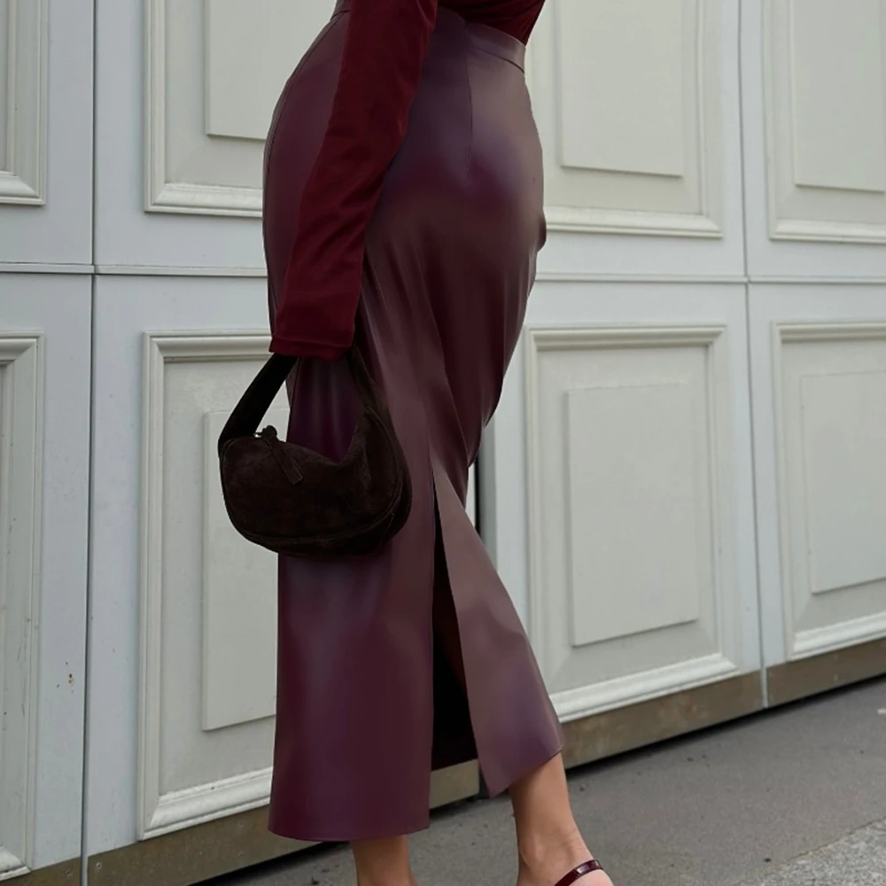 Autumn Temperament Fashionable And Sexy High-End PU Leather Skirt High Waist Slim Fit Slit Hip Hugging Long Skirt