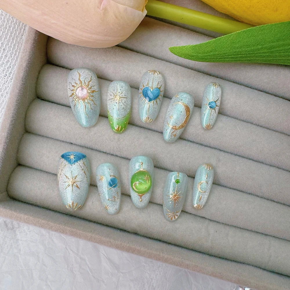 10Pcs Rhinestones Decoration Detachable Almond False Nails Glistening Auroral Powder Hand-Painted Flower Press On Nails Gift