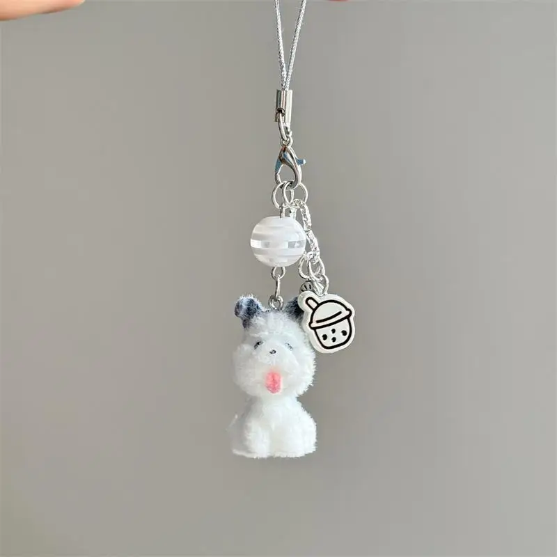 

12cm Cartoon Animal Flocking Schnauzer Puppy Keychain Pendant Backpack Ornament Bag Lanyard Phone Chain Girl Gifts Keyring
