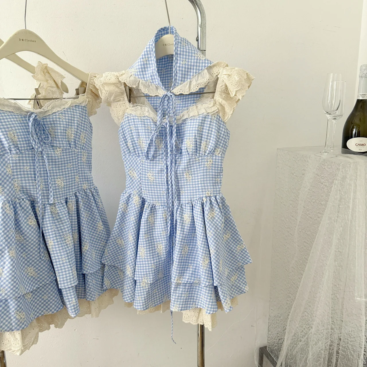 Vestido Vintage francés dulce para mujer, minivestido ajustado de encaje Kawaii con mangas voladoras, Hada elegante Harajuku Y2k, trajes elegantes de verano