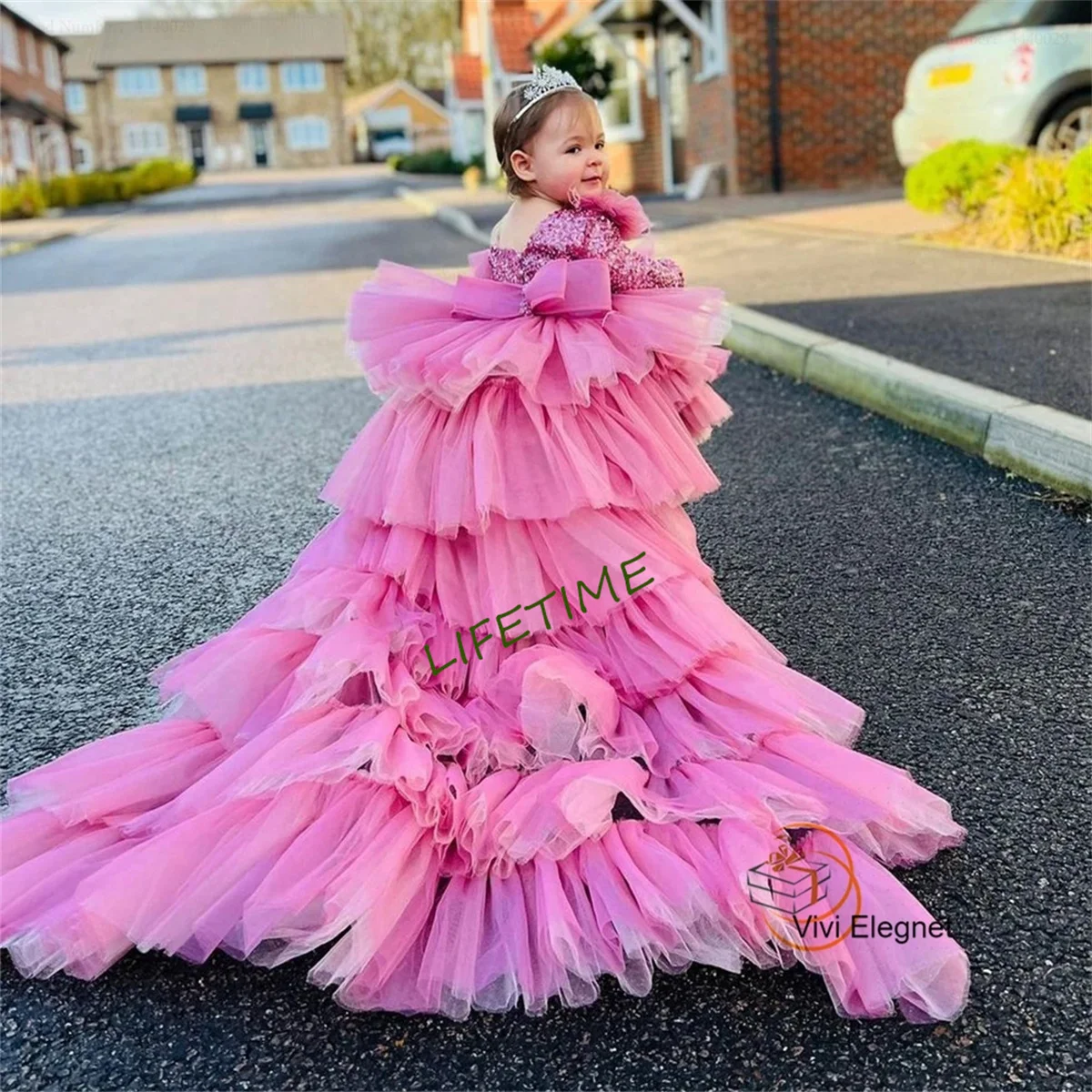 Vestidos de tren desmontable para niña, vestidos de comunión con lentejuelas, manga larga, 2023