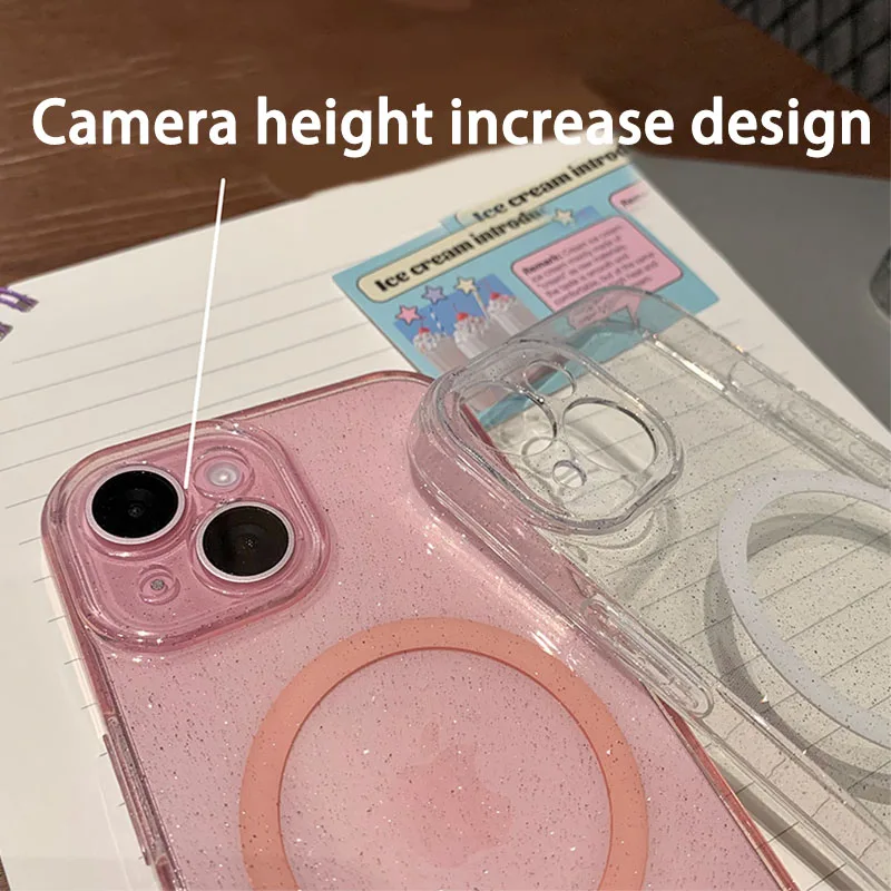 Luxury Glitter Magsafe Transparent Phone Case For iPhone 13 14 15 16 Pro Max Plus Magnetic Clear Bumper Cases Cover