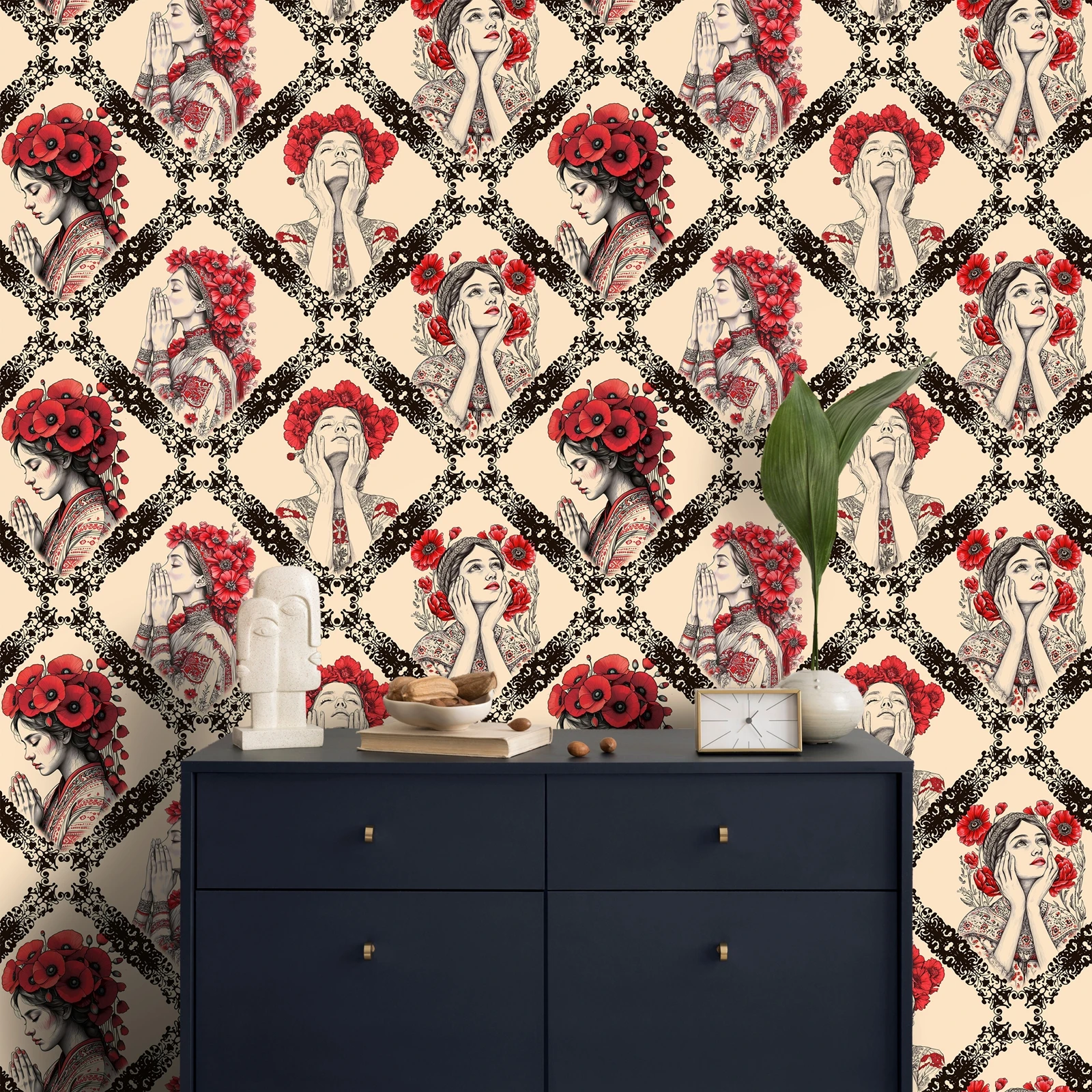 ورق حائط بوهيمي فريد من نوعه، ورق حائط قابل للتقشير واللصق للفنون الثقافية للغرفة الفاخرة، عناصر تزيين الحائط الأزهار الغريبة، 50 سم * 300 سم #4