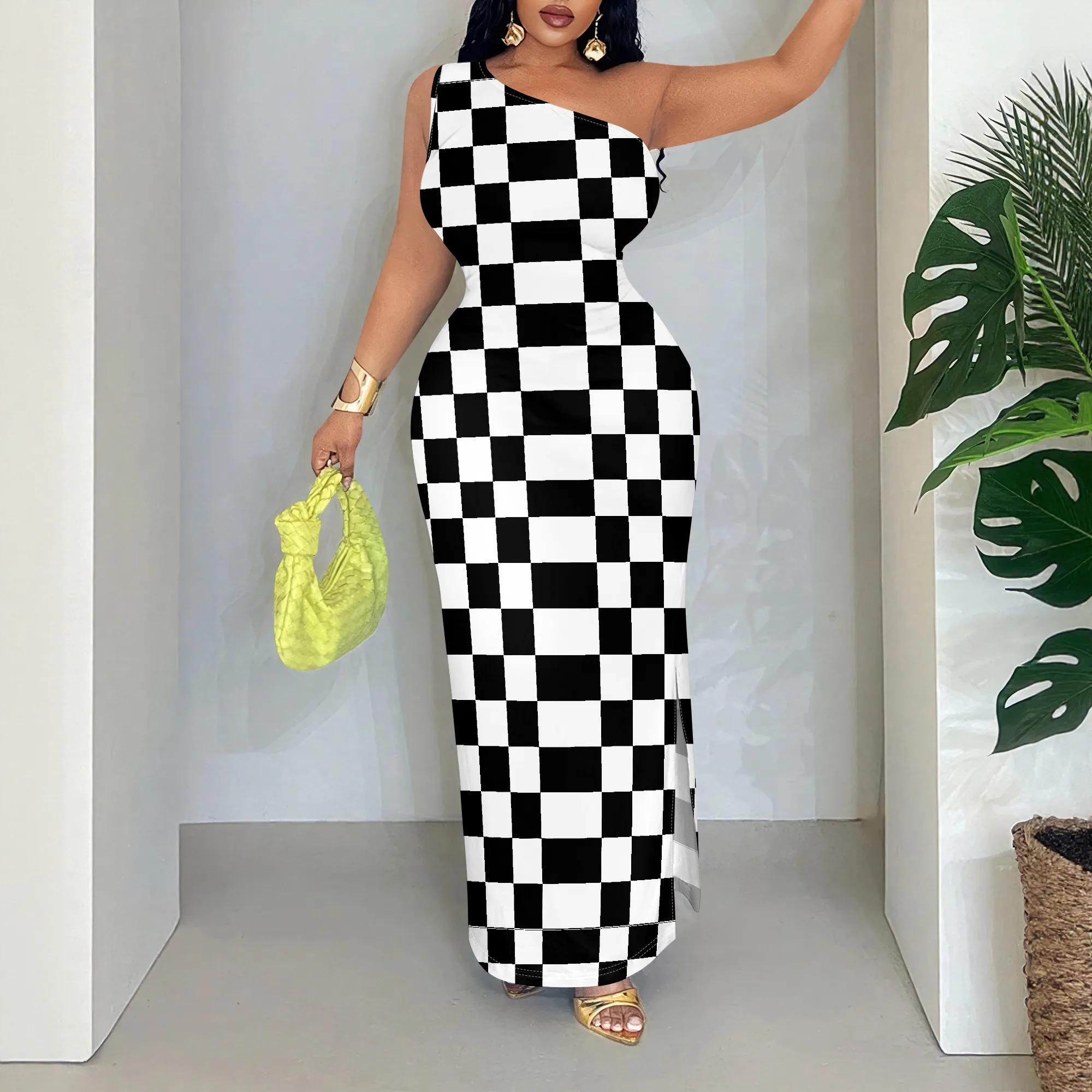 

Checker Print Dress, Sleeveless Asymmetric Neck, One Shoulder Maxi, Club Party Wear, S-2XL