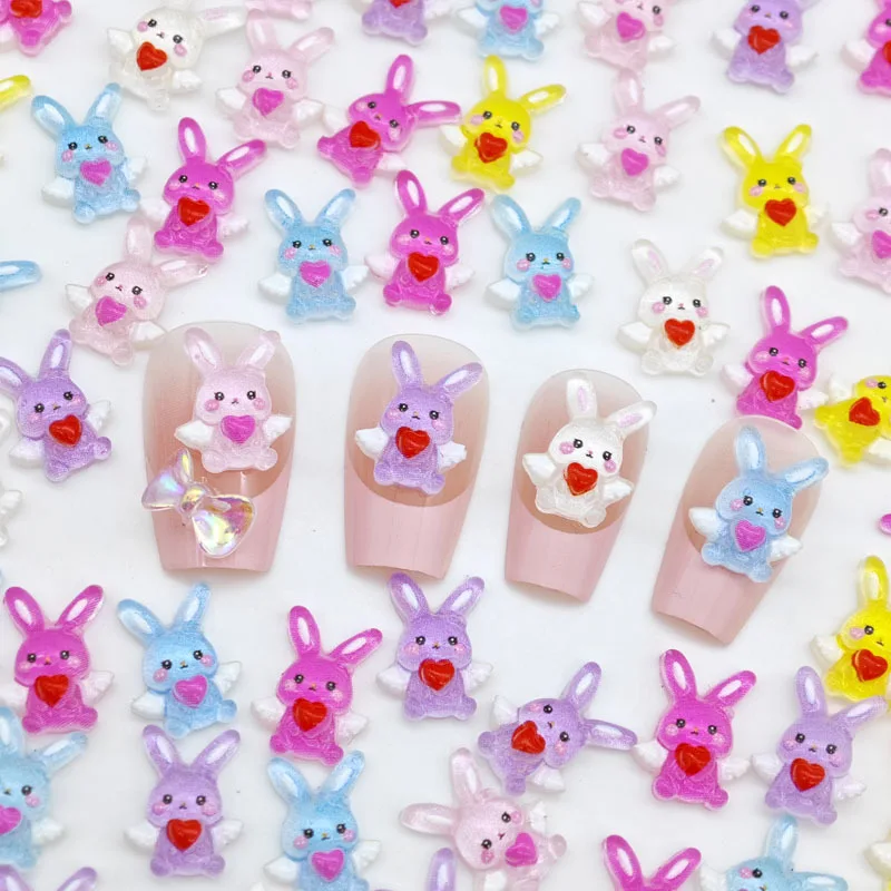 New cute Angel Love cartoon rabbit nail art accessory - Long-eared rabbit wearing nail decoration for nail art accessory