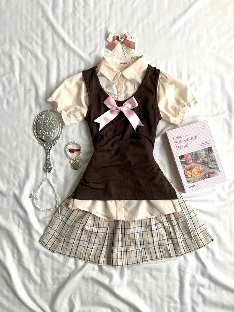 

Утягивающий клетчатый комплект с юбкой для женщин, белый и коричневый жилет, футболка для колледжа Sle Faion, летняя коллекция