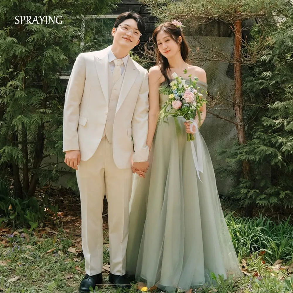 

SPRAYING Fairy Green Tulle Evening Dress Korea Wedding Photo Shoot Strapless Detachable shawl Long Party Dress Corset Customized