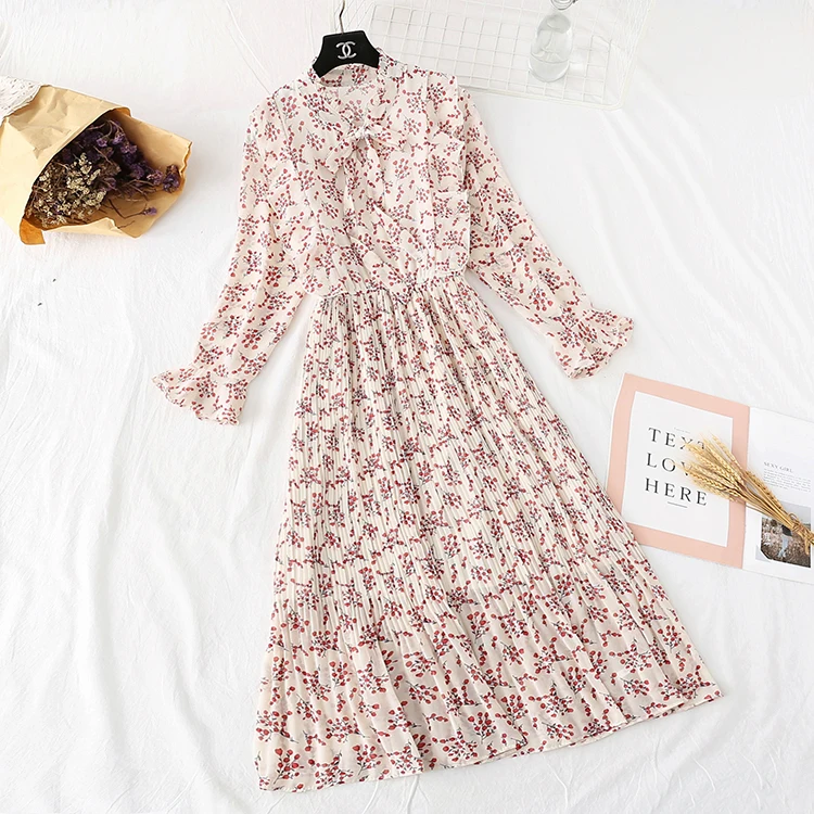 New Summer Autumn French Vintage Gentle Wind Floral Dresses Fairy Chao Xian Chiffon Dress Women Clothes