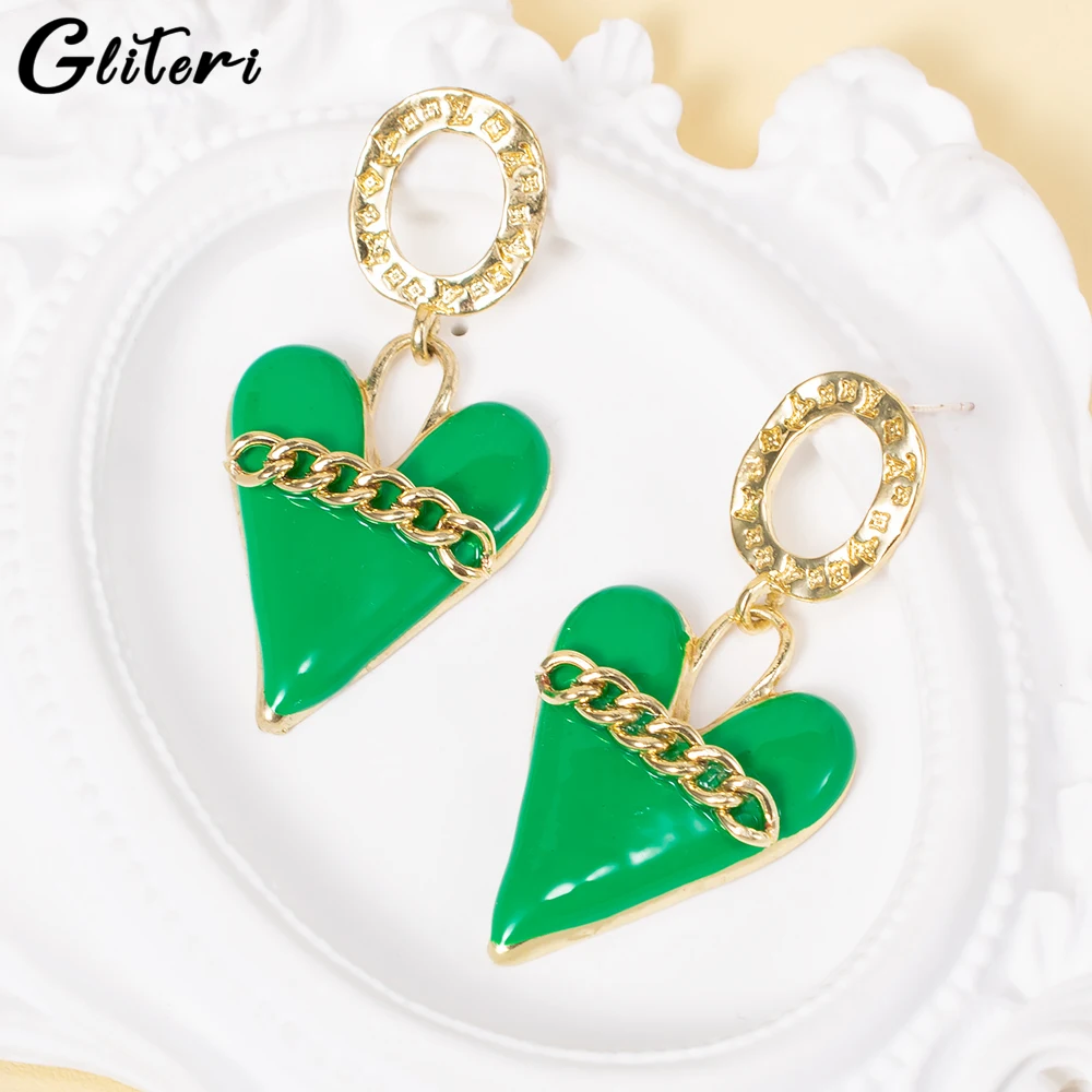 

GEITERI Luxury Green Heart Chain Drop Earrings For Women Girls Gold Color Geometric Love Earring Trendy Jewelry Party Gifts 2023