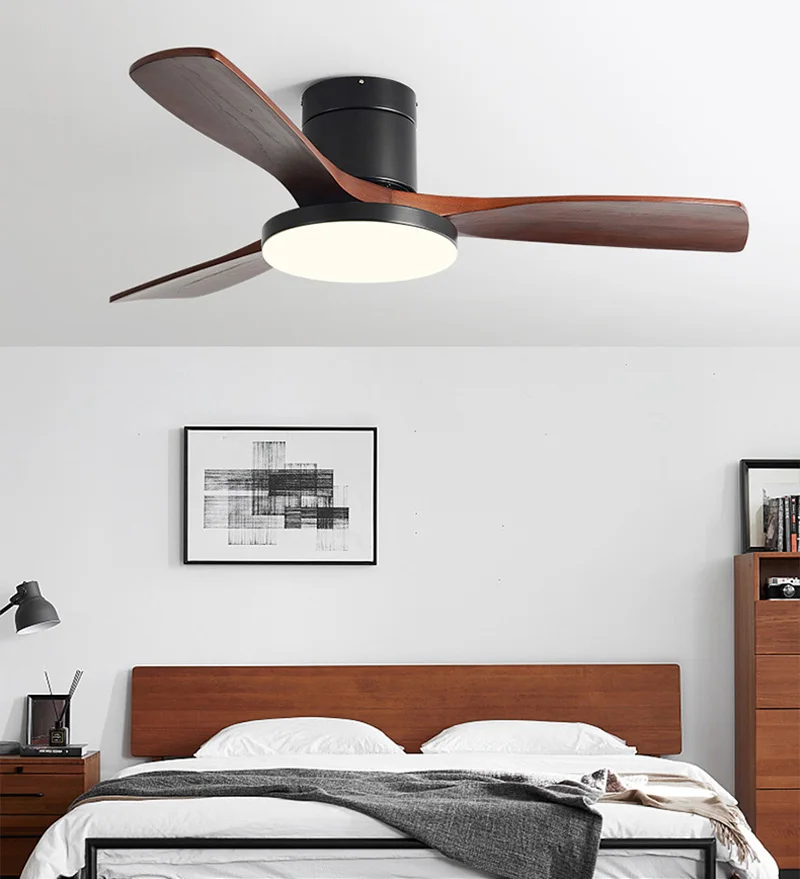 Flush Mount Ceiling Fan With Light Low Profile Wooden Ceiling Fan Lamp with LED Light and Remote Control Reversible Motor