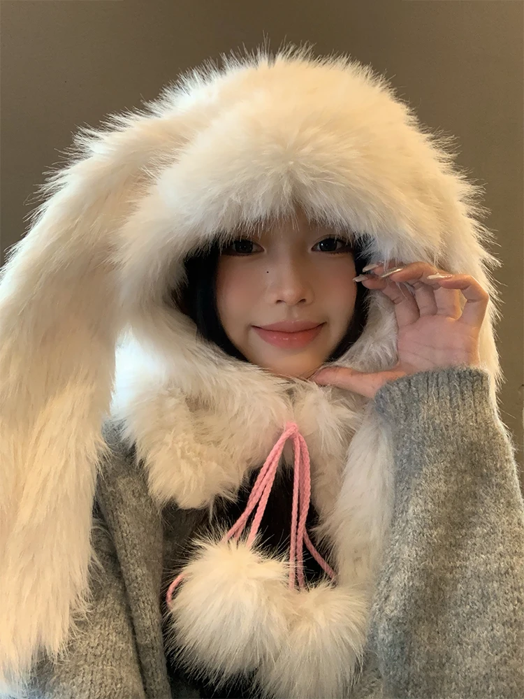 

Autumn And Winter Cute White Bunny Ears Lop-ear Plush Hat Female Thick Go With Everything Pullover Cap Xiaohongshu Sweet Hat