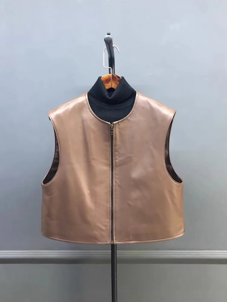 Colete Feminino Vintage de Couro Genuíno com Gola O e Zíper, Jaqueta Curta Casual Estilo Motoqueiro para Primavera e Outono, Colete de Pele de Carneiro Genuína