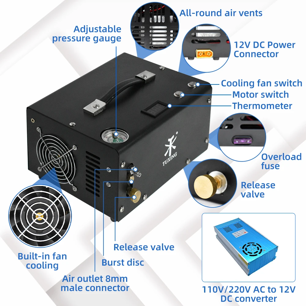 TUXING TXET061 300Bar 4500Psi PCP Air Compressor High Pressure  Inflator Built-in Drain System Compressor for PCP Air Rifle