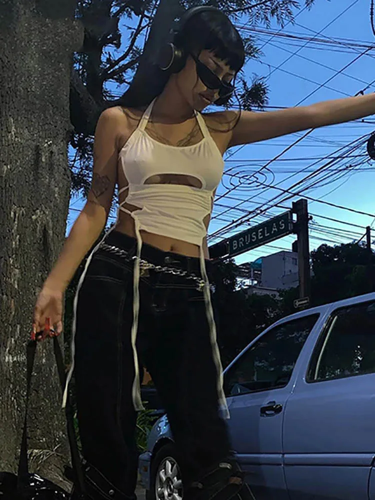 Y2K Sexy Backless Summer Crop Top Women Hollow Out 2025 White Sleeveless Bandage Halter Tank Tops Streetwear Cami 90s