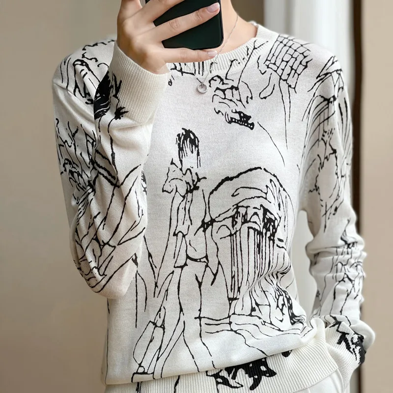 New Fashion Autumn/Winter Wool Knitted Pullover Round Neck Top Women's Graffiti Print Loose Pure Wool Long Sleeve Sweater ZX42