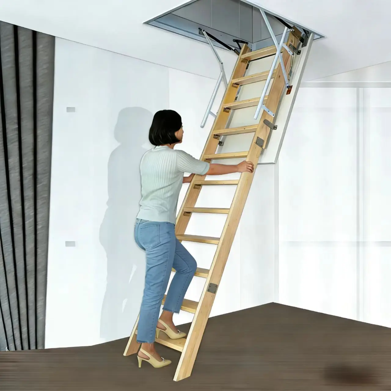 Factory direct sales solid wood folding ladder Nordic thickened loft stairs solid wood ladder, wooden loft telescopic
