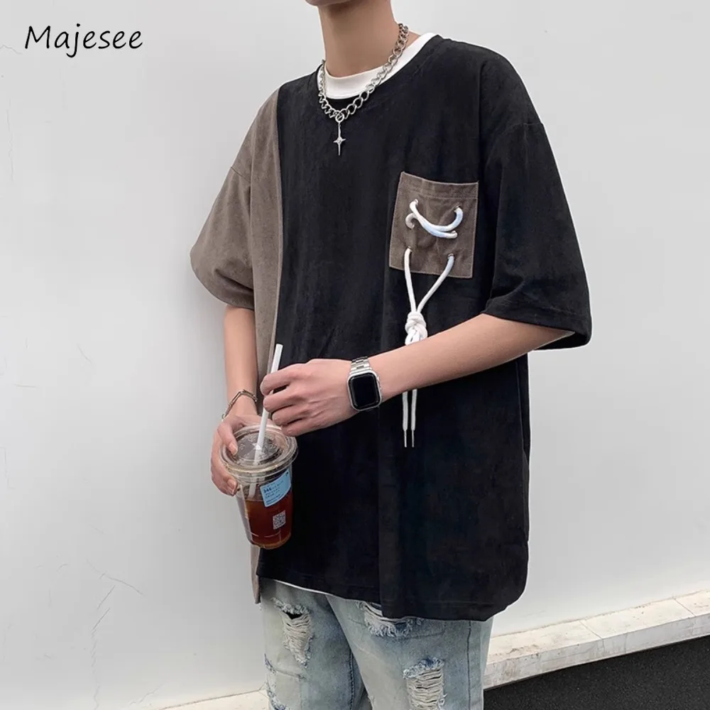 T-shirts Men Patchwork Pockets Loose Fashion High Street Students Korean Style Panelled Simple Shopper Summer Lace Up Individual