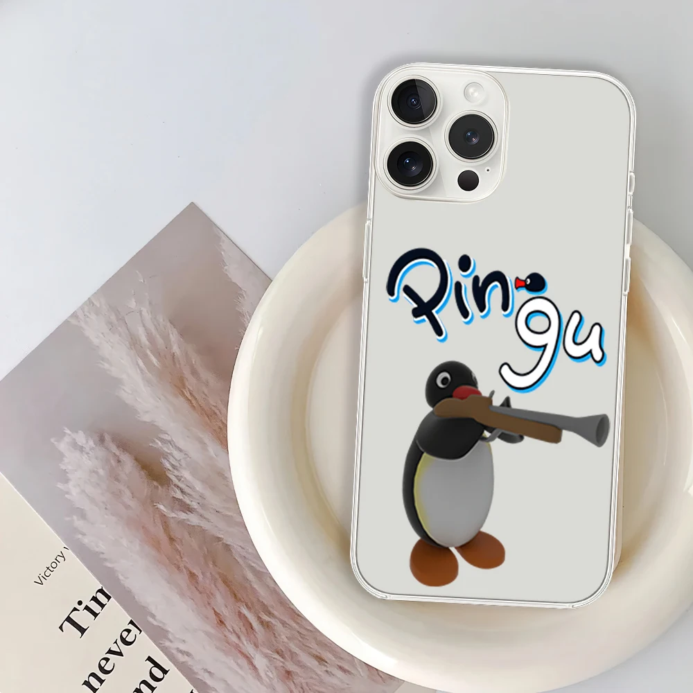 Cartoon P-Pingu Penguin Phone Case for iPhone 12 11 13 14 15 16 Max Pro Plus Transparent Soft Shell