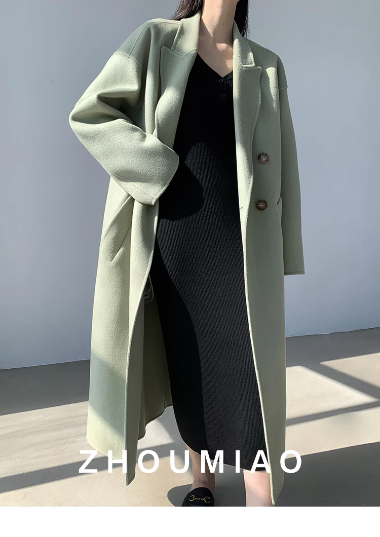 سترة نسائية طويلة من الصوف الأخضر Allingentle سترة طويلة أنيقة لحفلات الأعمال والمكتب مع حزام مخصص