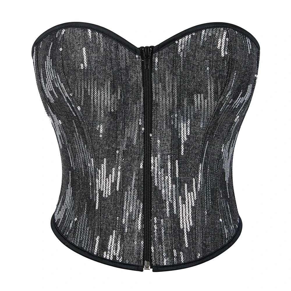

Black Overbust Corset Strapless Sequins Bustier Crop Top Zip Summer Korset
