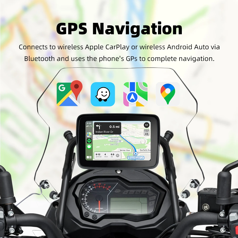 EKIY Schermo di visualizzazione CarPlay per navigazione moto da 5,0 pollici Monitor automatico Android wireless per moto portatile