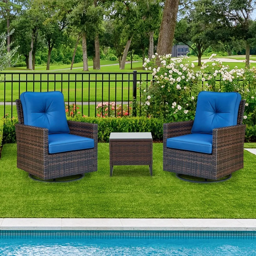 

3-Piece Terrace Tavern Set, Willow Rotating Glider Chair with Tempered Glass Side Table, Terrace Chair Set with Waterproof B