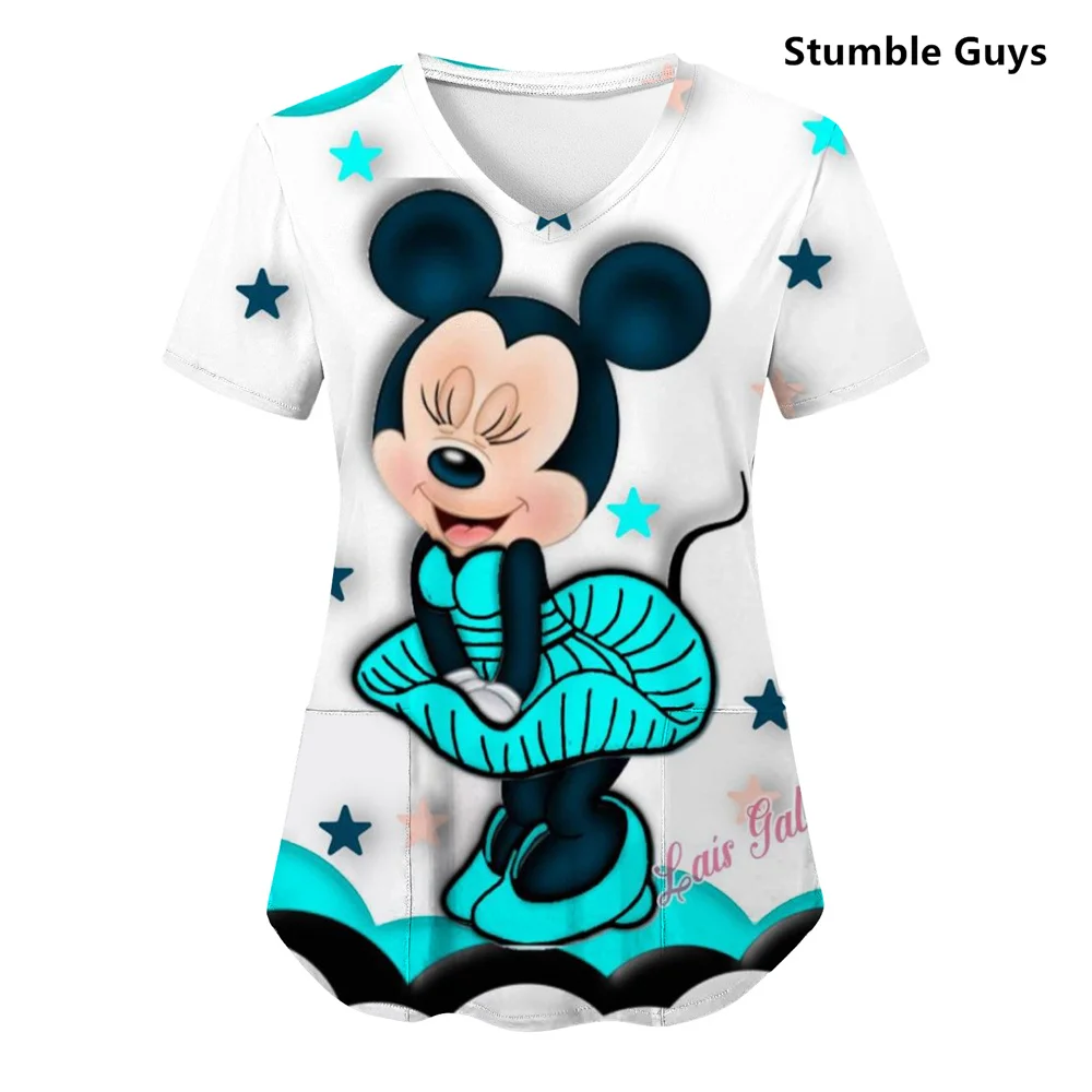 Hospital T-shirt Nurse Uniform T-shirts Minnie Mouse Top Women 2024 Pocket Woman Stitch Clothes V Neck Mickey Tops Tees Women's