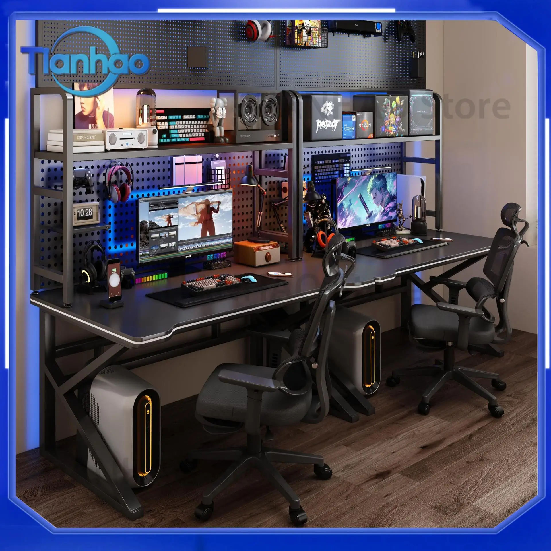 Dual Monitor Gaming Desk for Couples Side-by-Side Computer Desk for Home Office Desktop Workstation Study Desk and Bookshelf