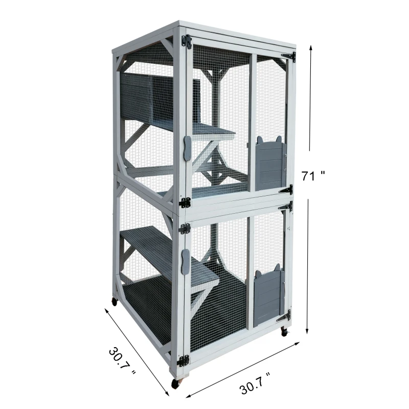 Luxury Cat House on Wheels with Napping House, 4 Platforms & Weatherproof Asphalt Roof, Sliding Doors